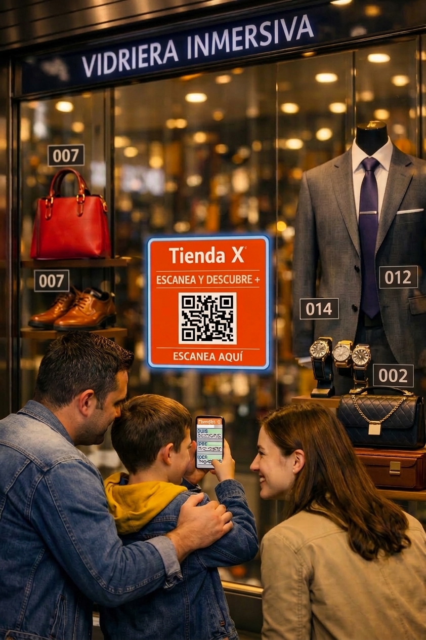 Familia escaneando código QRPretium en vidriera de zapatillas